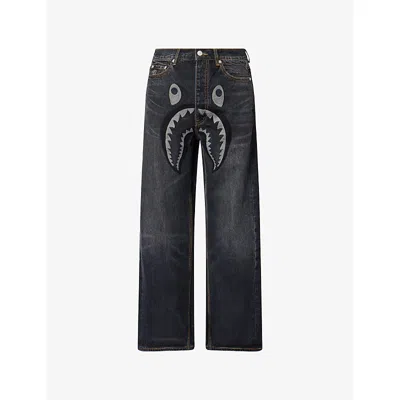 A Bathing Ape Mens Indigo Shark Embroidered Relaxed-fit Denim Jeans Xl In Black