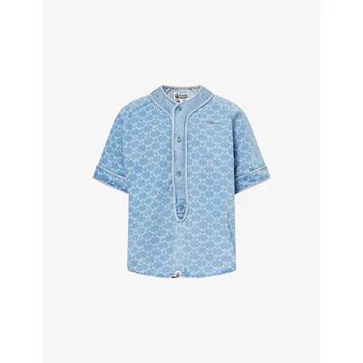 A Bathing Ape Mens College Monogram Baseball Short-sleeve Denim Shirt Light Blue Wash