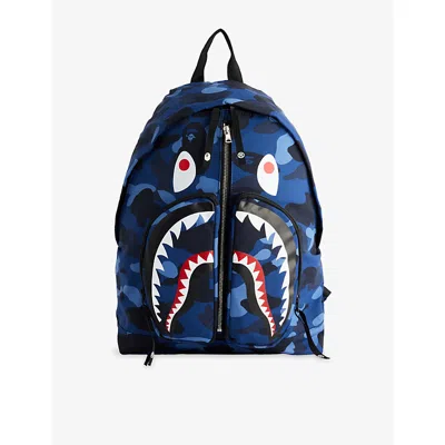 A Bathing Ape Mens Navy Camo Shark Woven Backpack In Blue