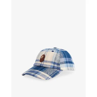 A Bathing Ape Mens Navy Check-pattern Brand-embroidered Cotton Baseball Cap In Blue