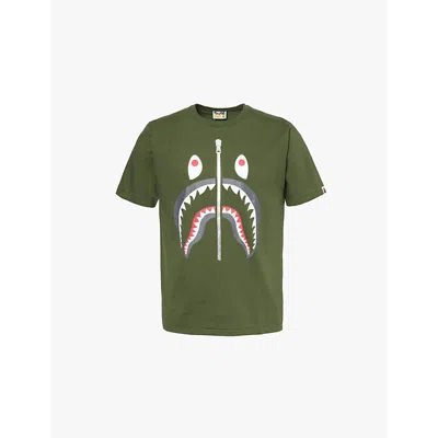 A Bathing Ape Mens Olive Shark-print Short-sleeve Cotton-jersey T-shirt In Olive