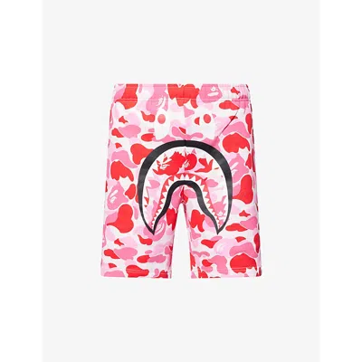 A Bathing Ape Mens Pink Camo Camo Shark Printed Cotton Sweat Shorts