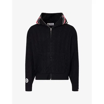 A Bathing Ape Mens Shark Cable-knit Wool Hoody Black Xxl