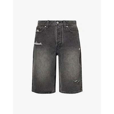 A Bathing Ape Mens Black Sta Embroidered Distressed Denim Shorts Xl In Gray