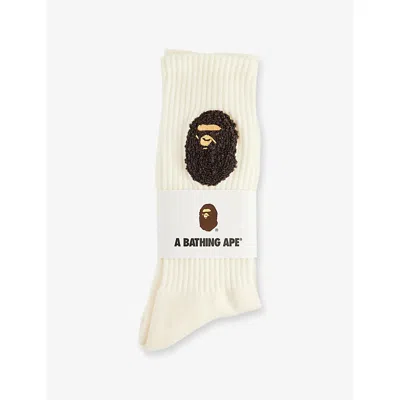 A Bathing Ape Mens White Ape Head Embroidered Ribbed Cotton Socks