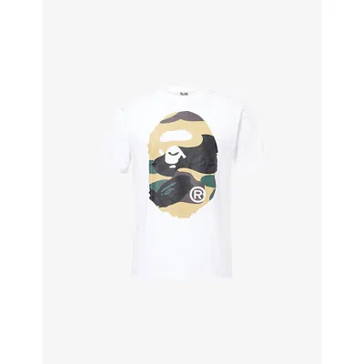 A Bathing Ape Mens Giant Camo Ape Crewneck Cotton-jersey T-shirt White Yellow Camo