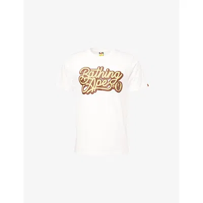 A Bathing Ape Mens White Yellow Logo Script Logo-print Cotton T-shirt