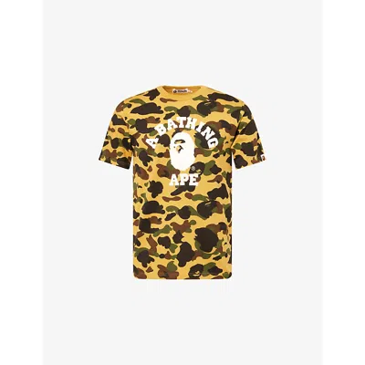 A Bathing Ape Mens Yellow Camo Camo College Graphic-print Cotton T-shirt