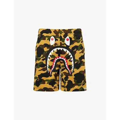 A Bathing Ape Mens Camo Shark Printed Cotton Sweat Shorts Yellow Camo In Multi