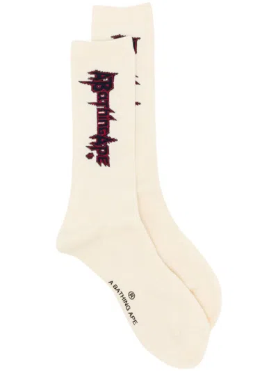 A Bathing Ape Multi Logo Long Socks In White