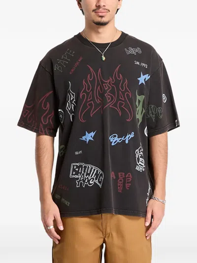 A Bathing Ape Overall-print Relaxed Fit T-shirt In Black