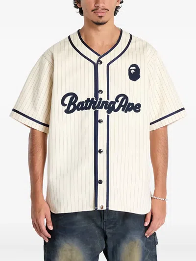 A Bathing Ape Pinstripe Baseball Shirt In White