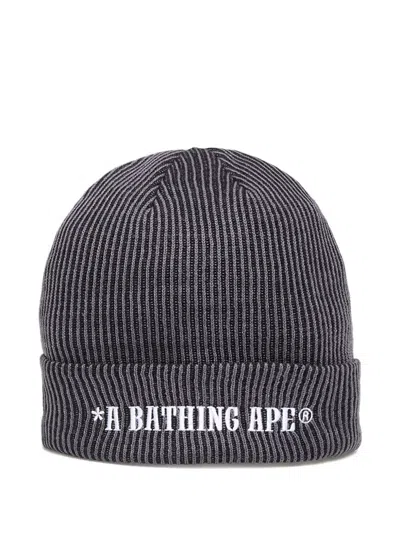 A Bathing Ape Ribbed Logo Beanie Hat In Gray