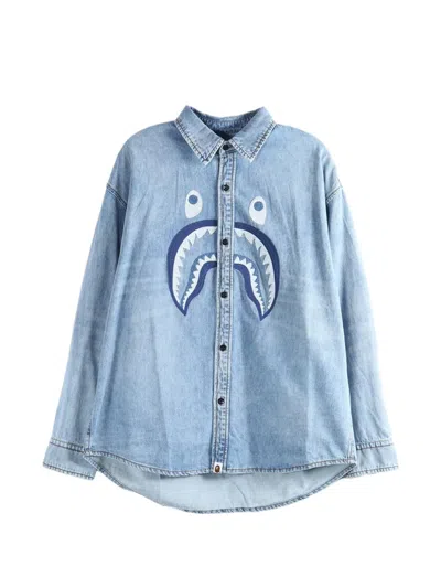 A Bathing Ape Shark-motif Denim Shirt In Blue
