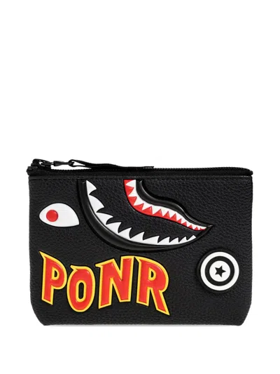 A Bathing Ape Shark-patch Pebbled Leather Cardholder In Black