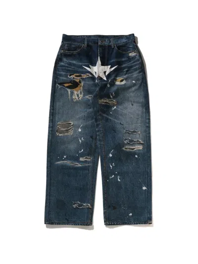 A Bathing Ape Star-print Distressed Jeans In Blue