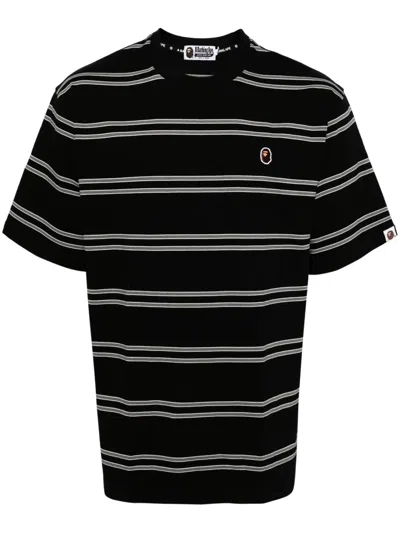 A Bathing Ape Striped Embroidered-logo Cotton T-shirt In Black