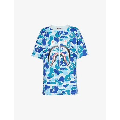 A Bathing Ape Womens Blue Shark Camo-print Cotton-jersey T-shirt