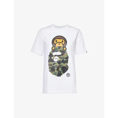 A Bathing Ape Womens White Green Branded-print Short-sleeved Cotton-jersey T-shirt