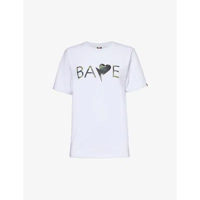 A Bathing Ape Womens White Green Camo Heart Logo-print Cotton-jersey T-shirt
