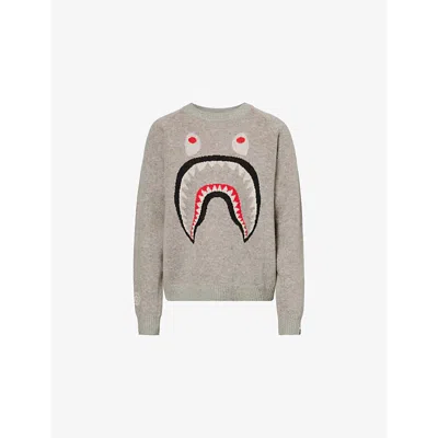 A Bathing Ape Womens Gray Bape Shark-intarsia Regular-fit Wool-blend Knitted Jumper
