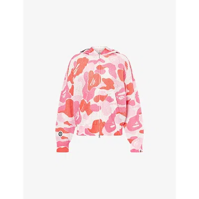 A Bathing Ape Womens Pink Camo Crochet Shark Cotton-knit Hoody