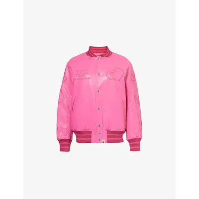 A Bathing Ape Womens Pink Varsity Embroidered Synthetic-leather Jacket