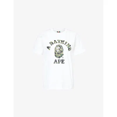 A Bathing Ape Womens White Green Camo College Round-neck Cotton-jersey T-shirt