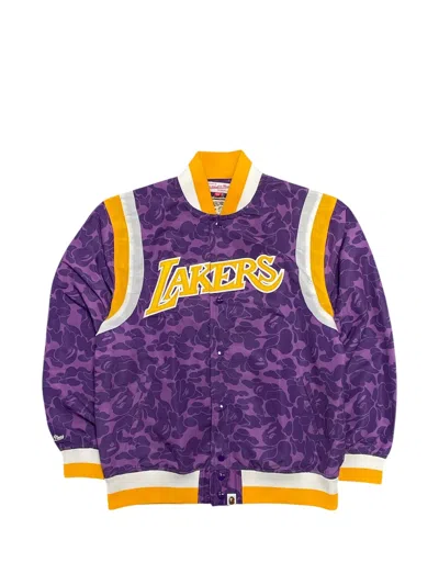 A Bathing Ape X Mitchell & Ness Lakers Camo-print Logo-patch Bomber Jacket In Purple