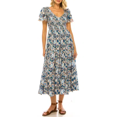 A Collective Story Floral Print Flutter Sleeve Midi Dress In Blue