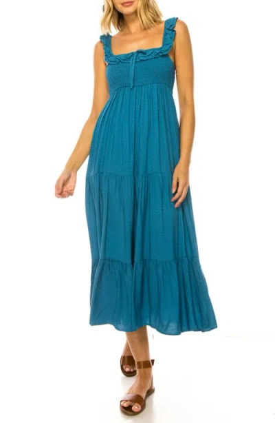 A Collective Story Ruffle Trim Swiss Dot Tiered Midi Dress In Blue
