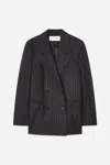 A Days March Inu Double Breasted Pinstripe Wool Blazer In Black