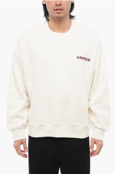 A Paper Kid Classic Cotton Sweater With Bold Graphic Print And Relaxed Fit In Beige