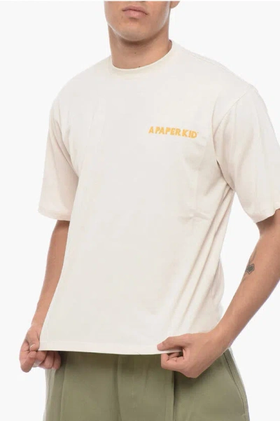 A Paper Kid Solid Color Crew-neck T-shirt With Printed Logo In Beige
