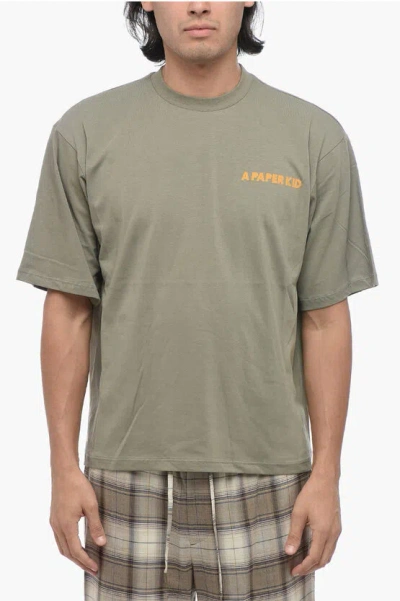 A Paper Kid Solid Color Crew-neck T-shirt With Printed Logo In Green