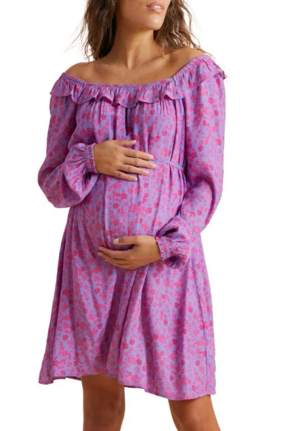 A Pea In The Pod Floral Long Sleeve Maternity Dress In Lilac Fuchsia Floral