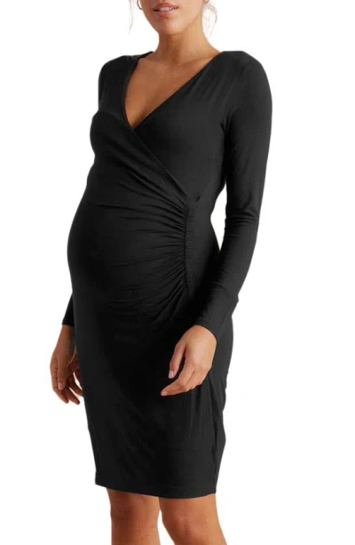 A Pea In The Pod Long Sleeve Faux Wrap Maternity Dress In Black