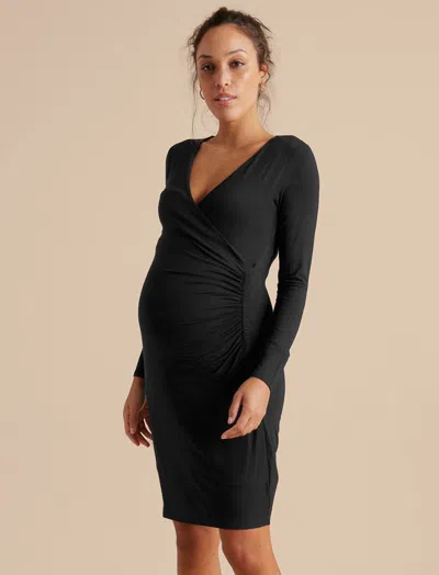 A Pea In The Pod Long Sleeve Side Ruched Wrap Maternity Dress In Black