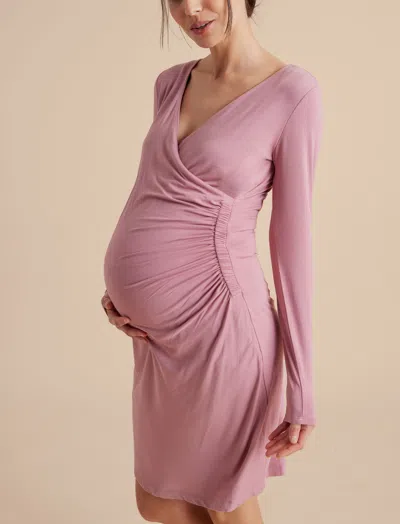 A Pea In The Pod Long Sleeve Side Ruched Wrap Maternity Dress In Pink