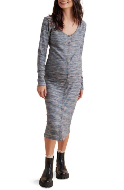 A Pea In The Pod Rib Button Up Long Sleeve Midi Maternity/nursing Dress In Blue Space Dyed Multi