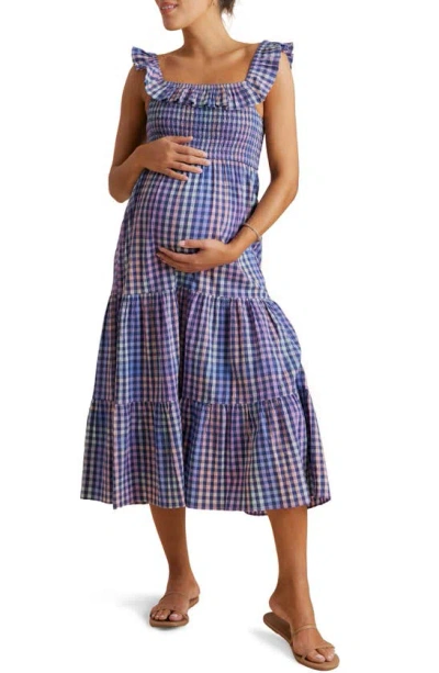 A Pea In The Pod Ruffle Cotton Midi Maternity/nursing Dress In Blue