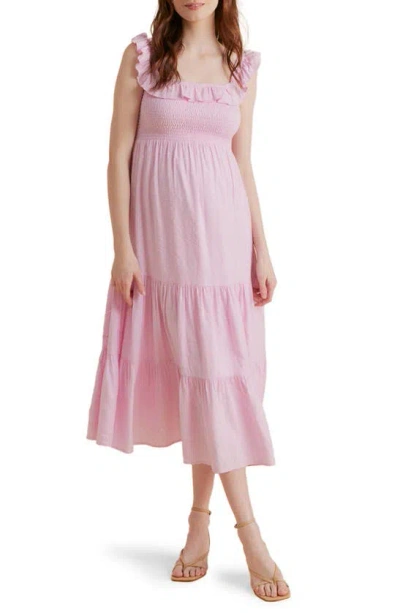 A Pea In The Pod Ruffle Smocked Midi Maternity Dress In Pink