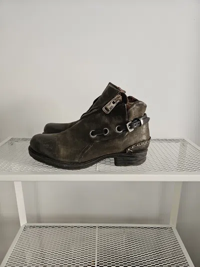 Pre-owned A S 98 As98 Green Leather Zip Around Belted Buckle Ankle Boots