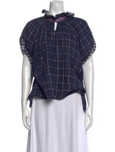 Pre-owned A Shirt Thing Plaid Print Tie Neck Top In Grey