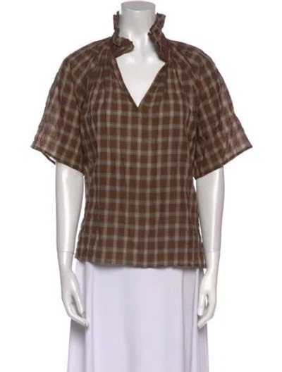 Pre-owned A Shirt Thing Plaid Print V-neck Blouse In Brown