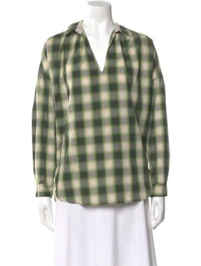 Pre-owned A Shirt Thing Plaid Print V-neck Blouse In Green