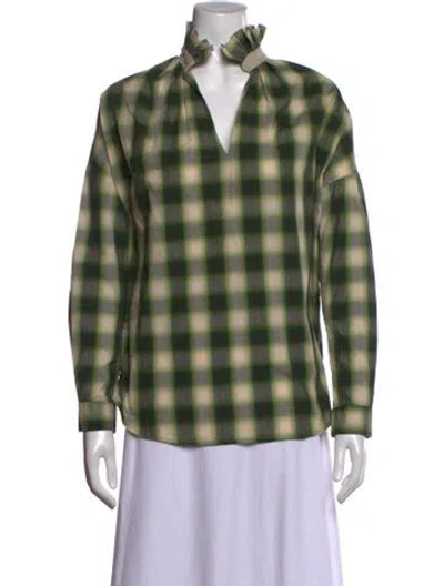 Pre-owned A Shirt Thing Plaid Print V-neck Blouse In Green
