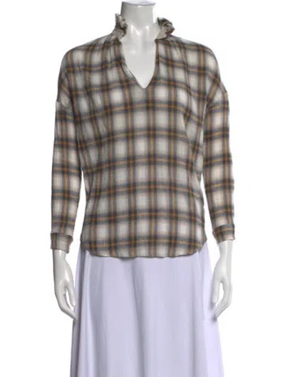 Pre-owned A Shirt Thing Plaid Print V-neck Blouse In Neutrals