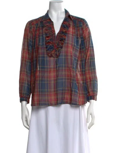Pre-owned A Shirt Thing Plaid Print V-neck Blouse W/ Tags In Blue