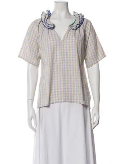 Pre-owned A Shirt Thing Plaid Print V-neck Blouse In Yellow